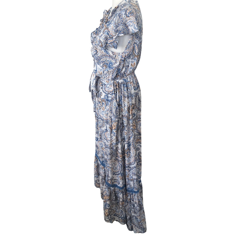 Women's Beyond The Radar Blue Paisley Cap Sleeve Hi-Low Ruffle Boho Maxi Dress L - Picture 10 of 16